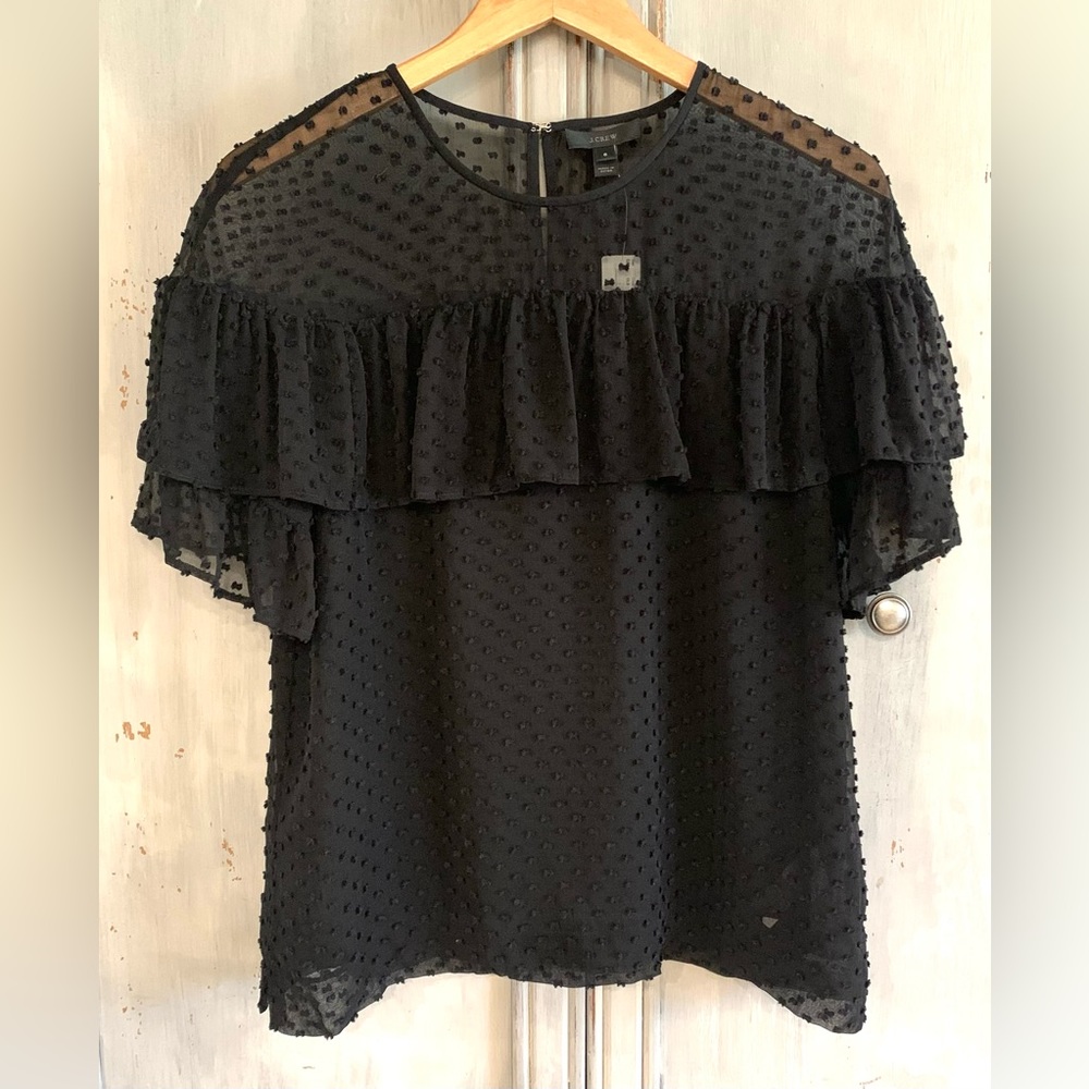 J. Crew Black Silk Cotton Plisse Dot Ruffle Blouse Sz 4/6
